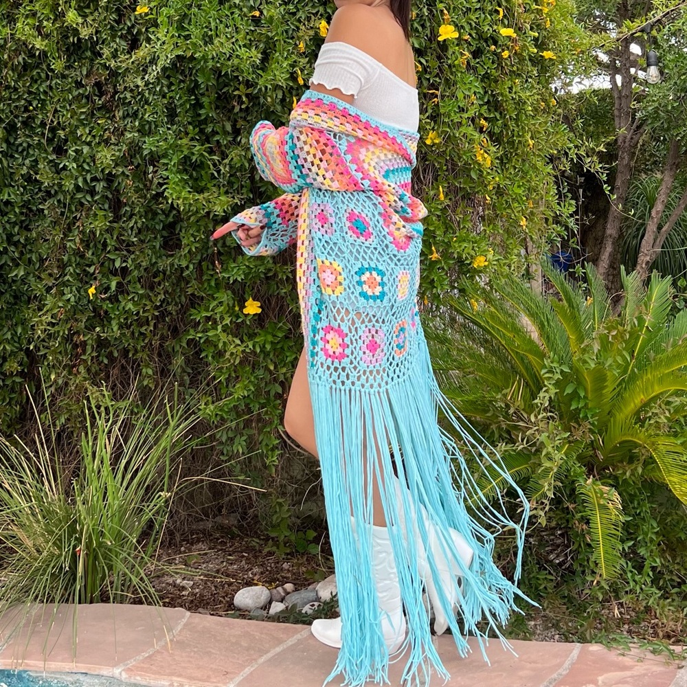 NEW BLUE GRANNY CROCHET TASSEL RAINBOW CARDIGAN SIZE SMALL